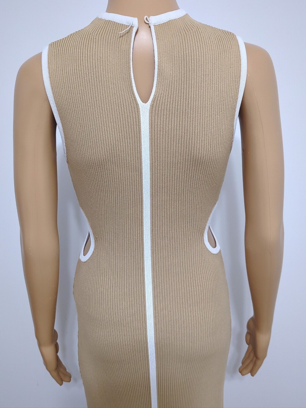 DISSH Binding Wheat Knit Midi Dress Cutout Beige White Piping M Minimalist - Picture 7 of 10
